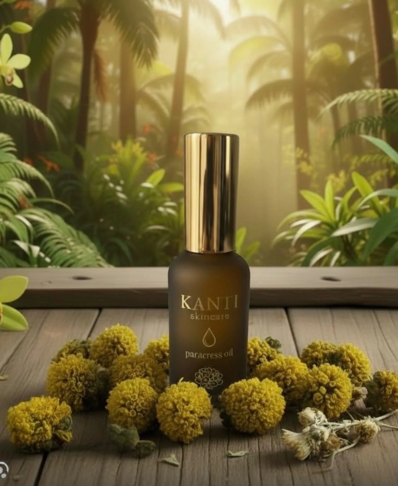 Kanti Paracress oil beside dried Paracress flower heads